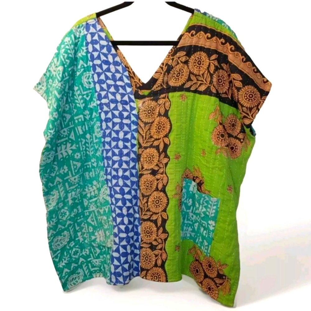 Kantha Patchwork Kimono V-neck Poncho Top Colorful Patch Pockets Woman O/S 133X